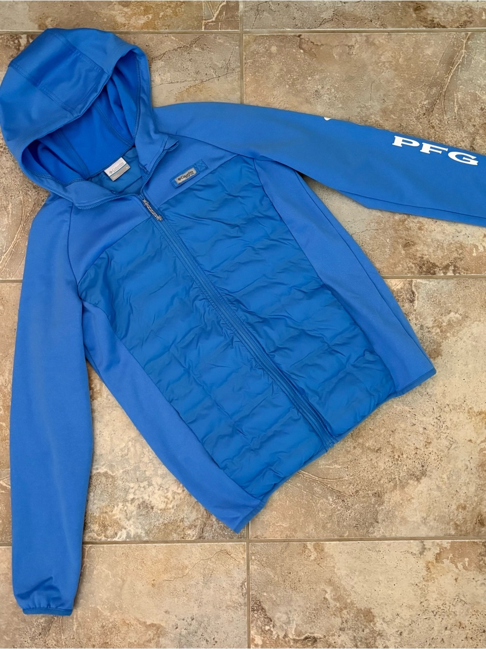 Colombia Omni Shield Jacket Blue White Medium Insulated Logo Zip Hood Outdoor